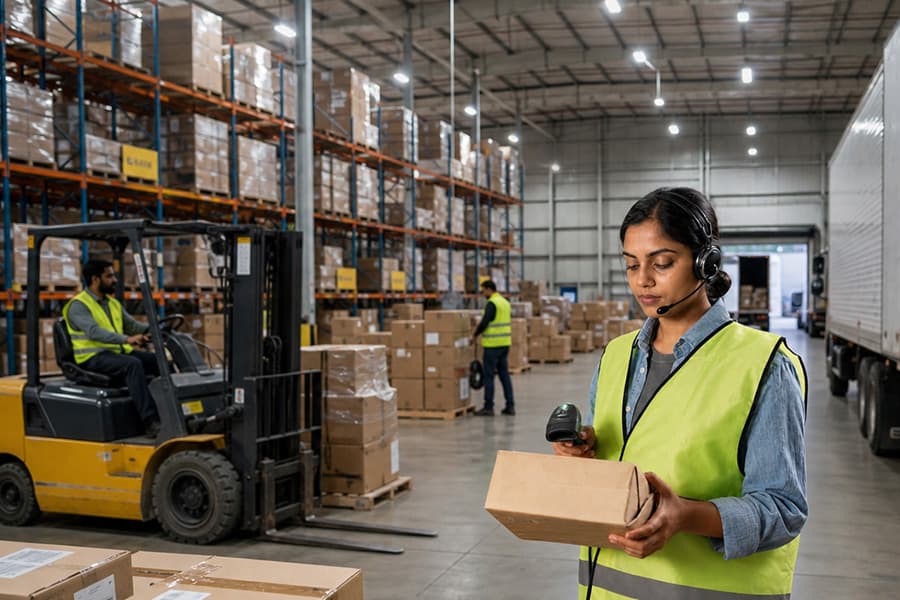 Distribution centre operator scanning a parcel