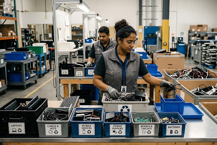 Electronics components being sorted at a production workstation