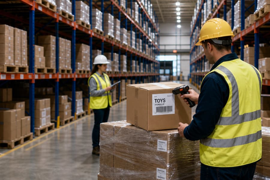 Warehouse operator scanning cartons of toys