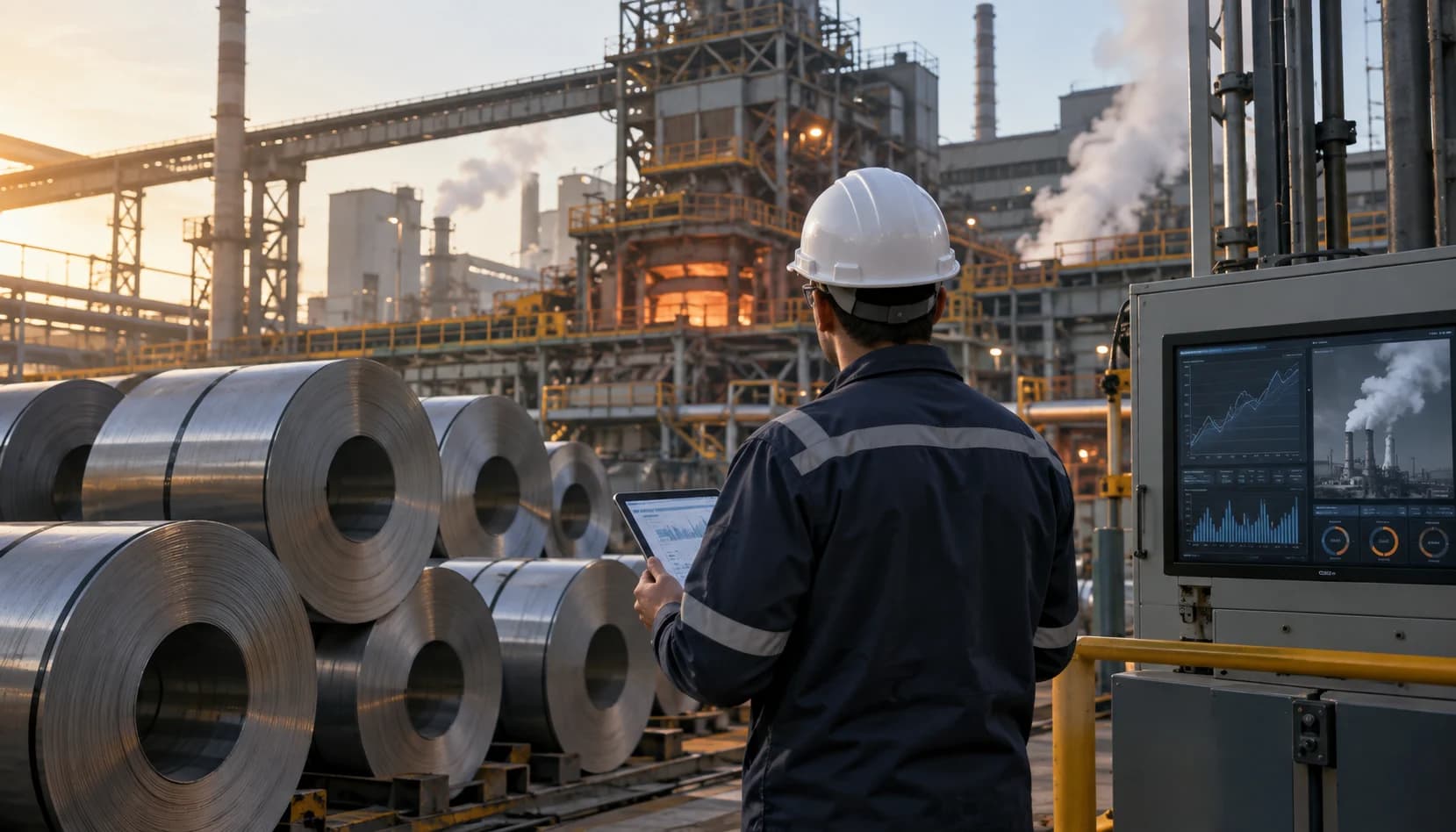 Steel coils and production monitoring at an industrial facility