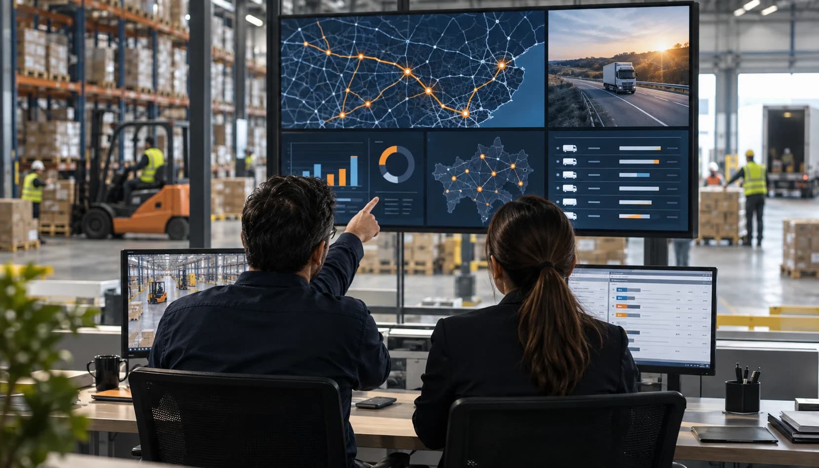 Logistics control room monitoring warehouse and freight activity