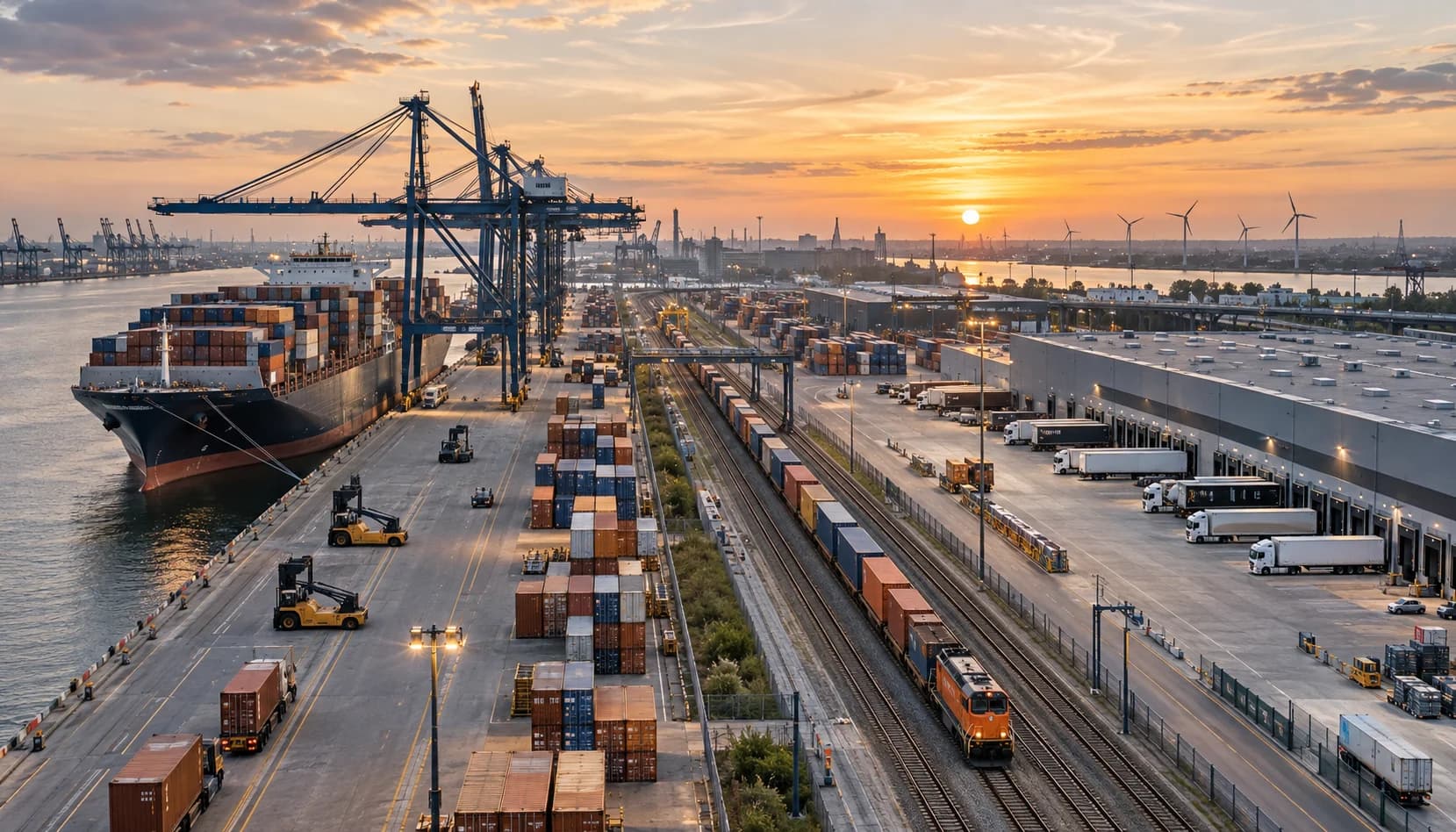 Container shipping, rail freight and distribution at an intermodal hub