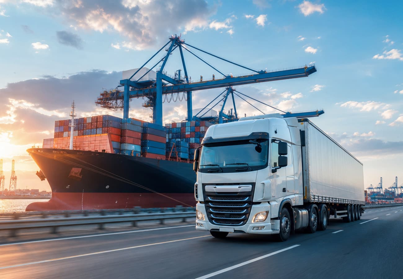 Truck and container ship at a multimodal freight terminal