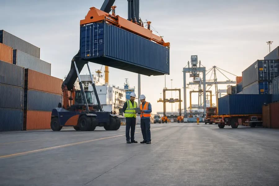 Reach stacker moving a container in a terminal yard