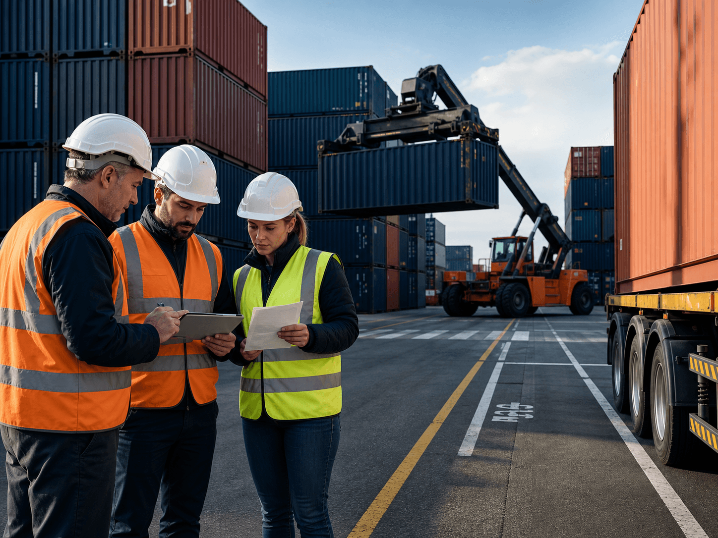 Container yard operations team coordinating shipments