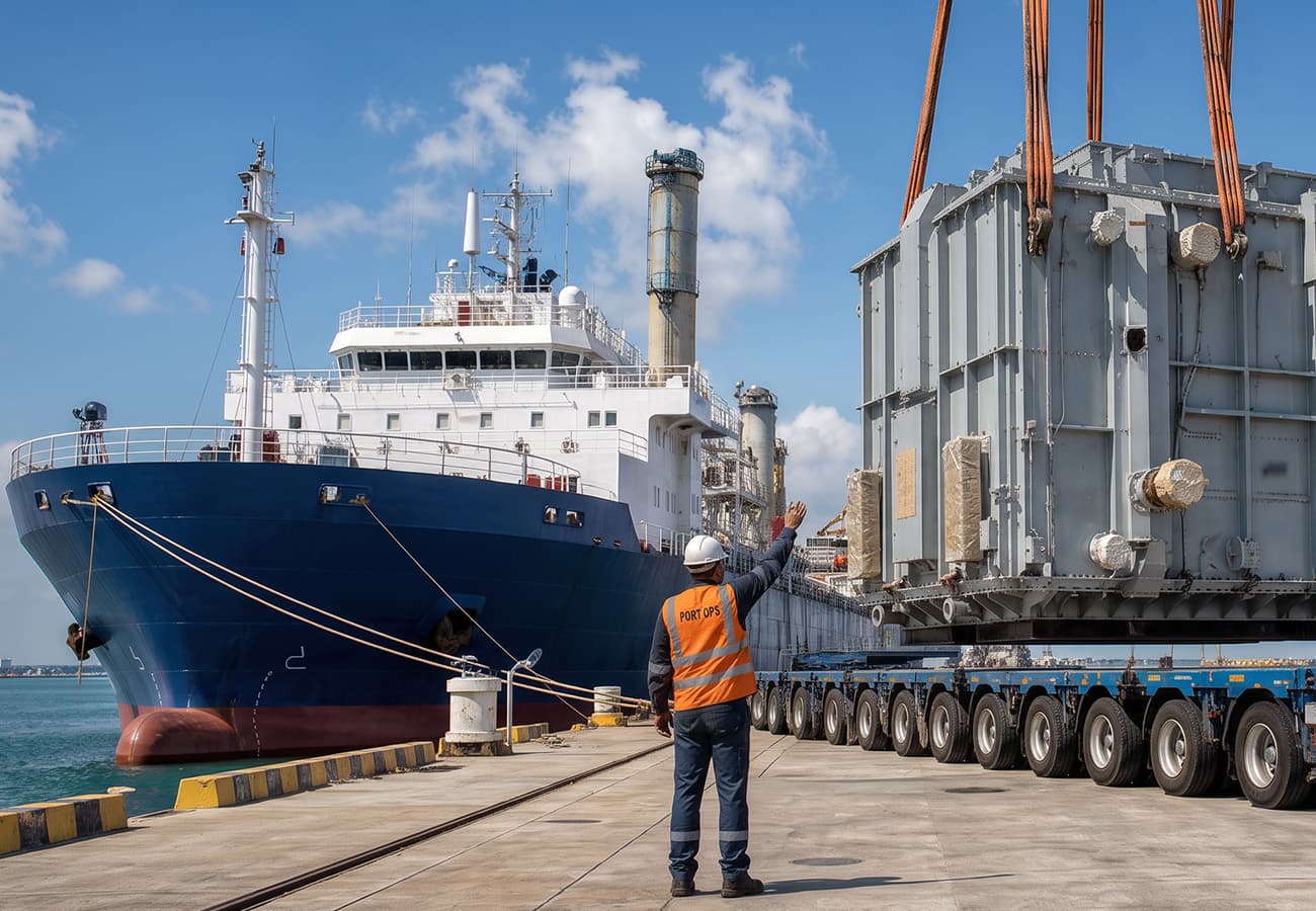 Heavy industrial equipment being handled beside a cargo vessel