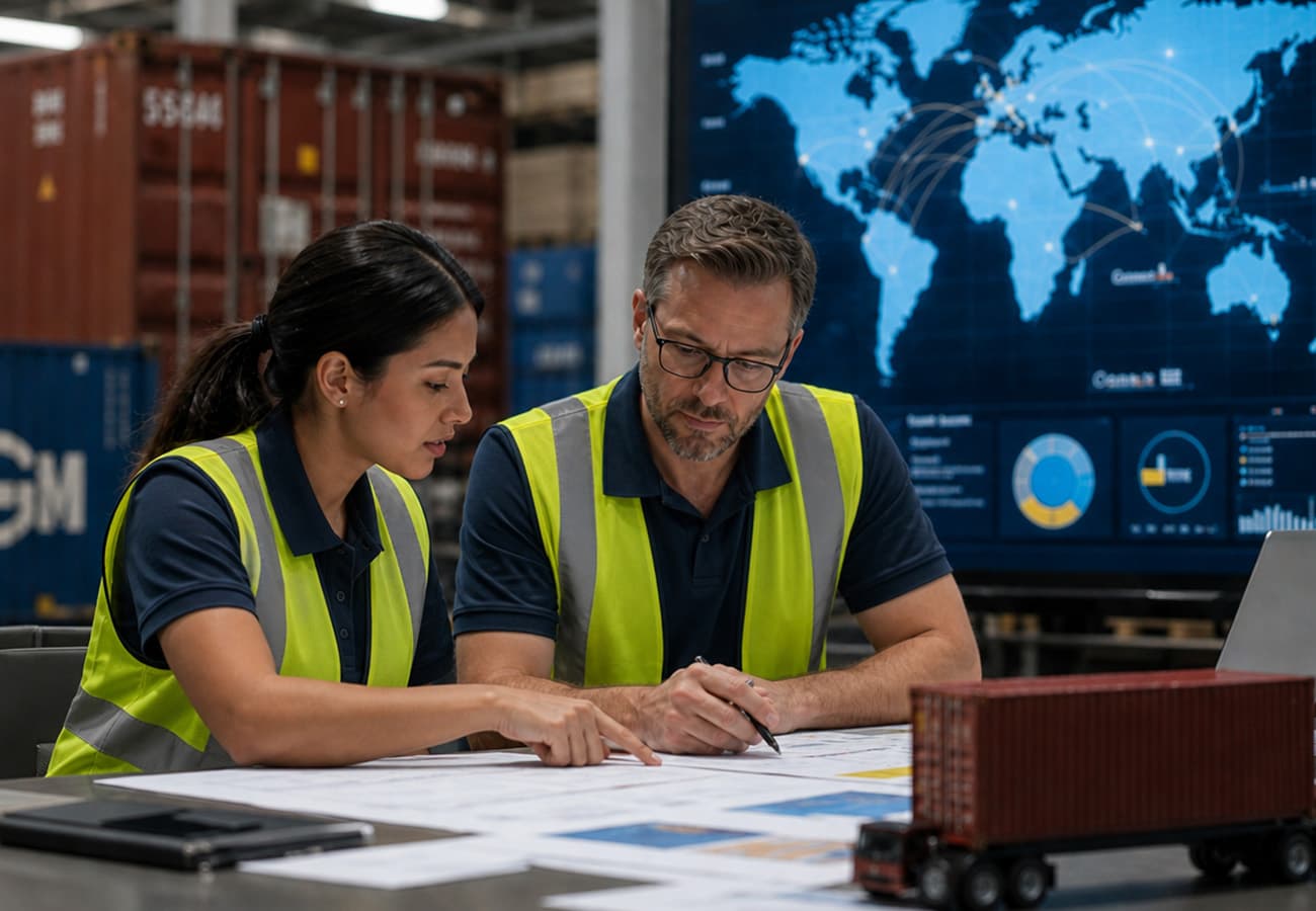 Supply-chain specialists planning cargo movements with shipment data